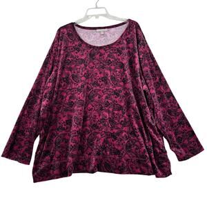 Woman Within Velour Top Size 3X Fuchsia Black Stretch Long Sleeve Pullover